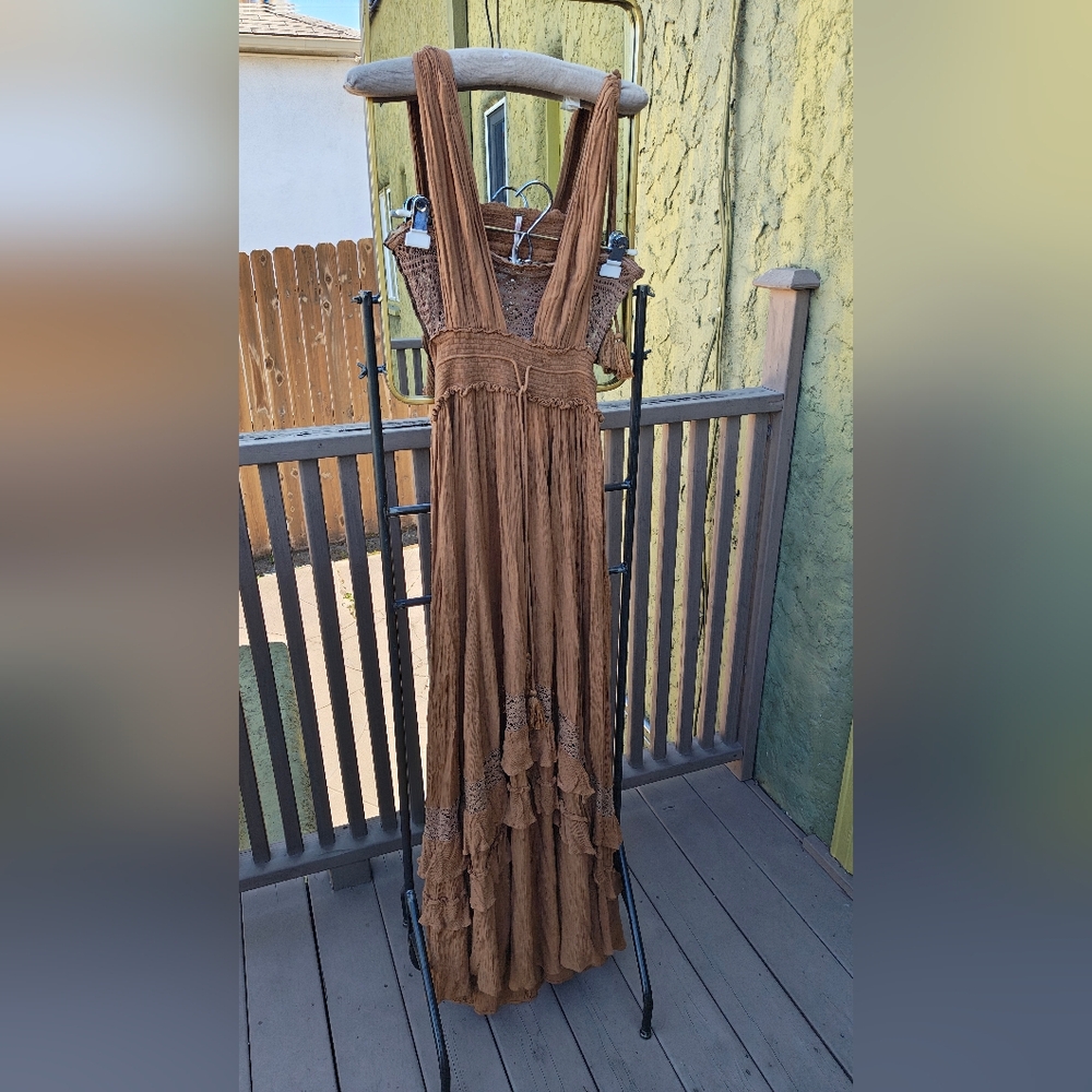 Free People Endless Summer Maxi Brown Tiered Maxi Dress, Small